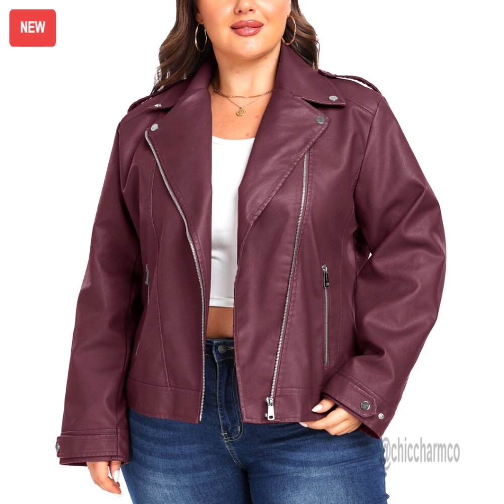 Plus Size Faux Leather Moto Jacket With Lapel Collar And Zippered Pockets